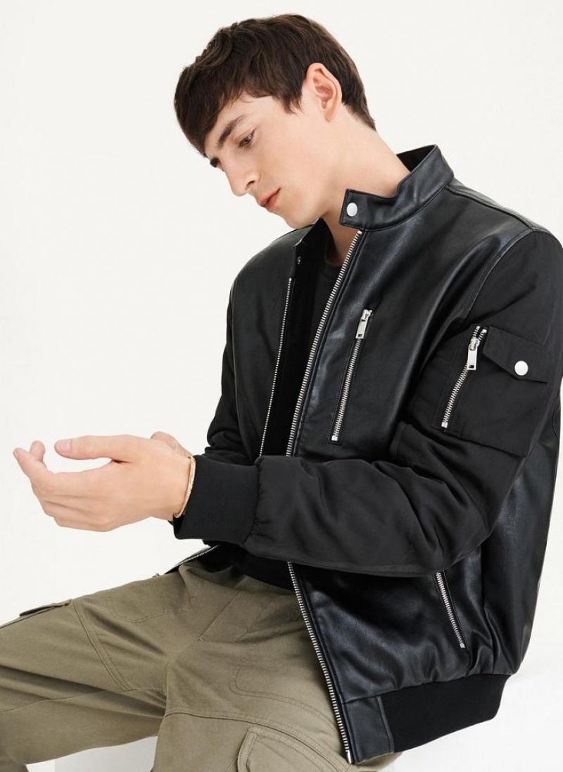 Black DKNY Mixed Media Faux Leather Bomber Men's Jackets | USA-D1342
