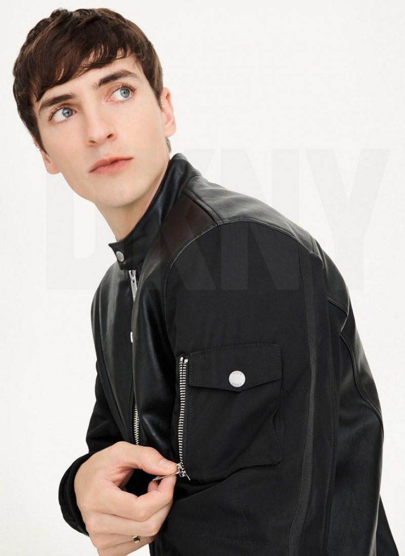 Black DKNY Mixed Media Faux Leather Bomber Men's Jackets | USA-D1342