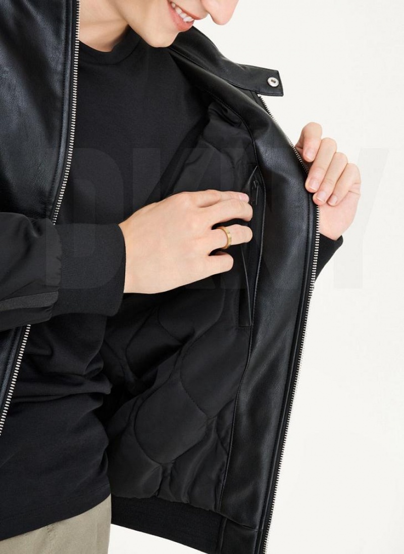 Black DKNY Mixed Media Faux Leather Bomber Men's Jackets | USA-D1342