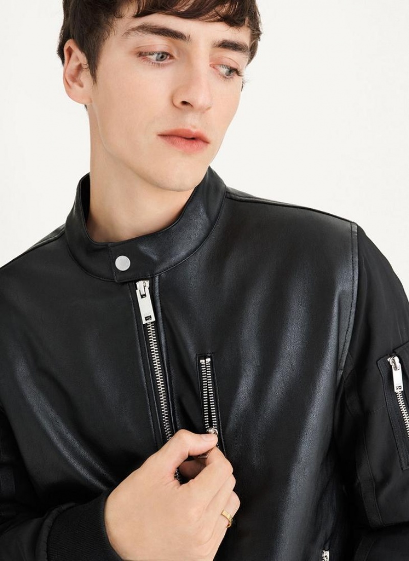 Black DKNY Mixed Media Faux Leather Bomber Men\'s Jackets | USA-D1342