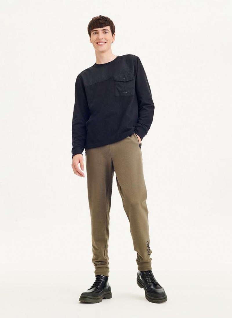Black DKNY Mixed Media Pocket Long Sleeve Knit Men's T Shirts | USA-D0711