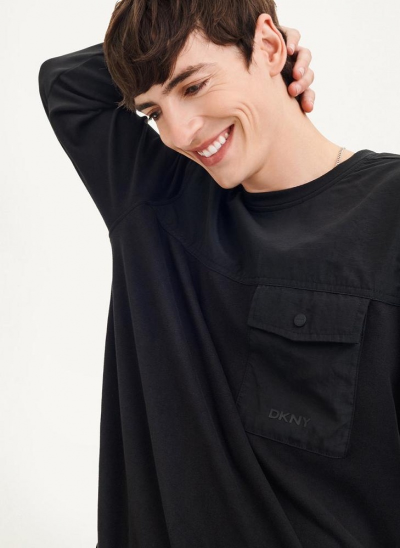 Black DKNY Mixed Media Pocket Long Sleeve Knit Men's T Shirts | USA-D0711