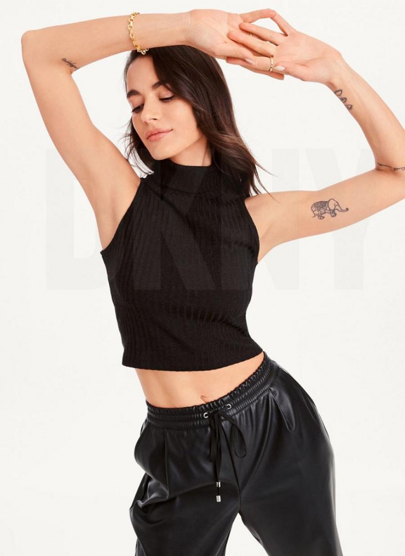 Black DKNY Mock Neck Crop Women's Tank Tops | USA-D1593