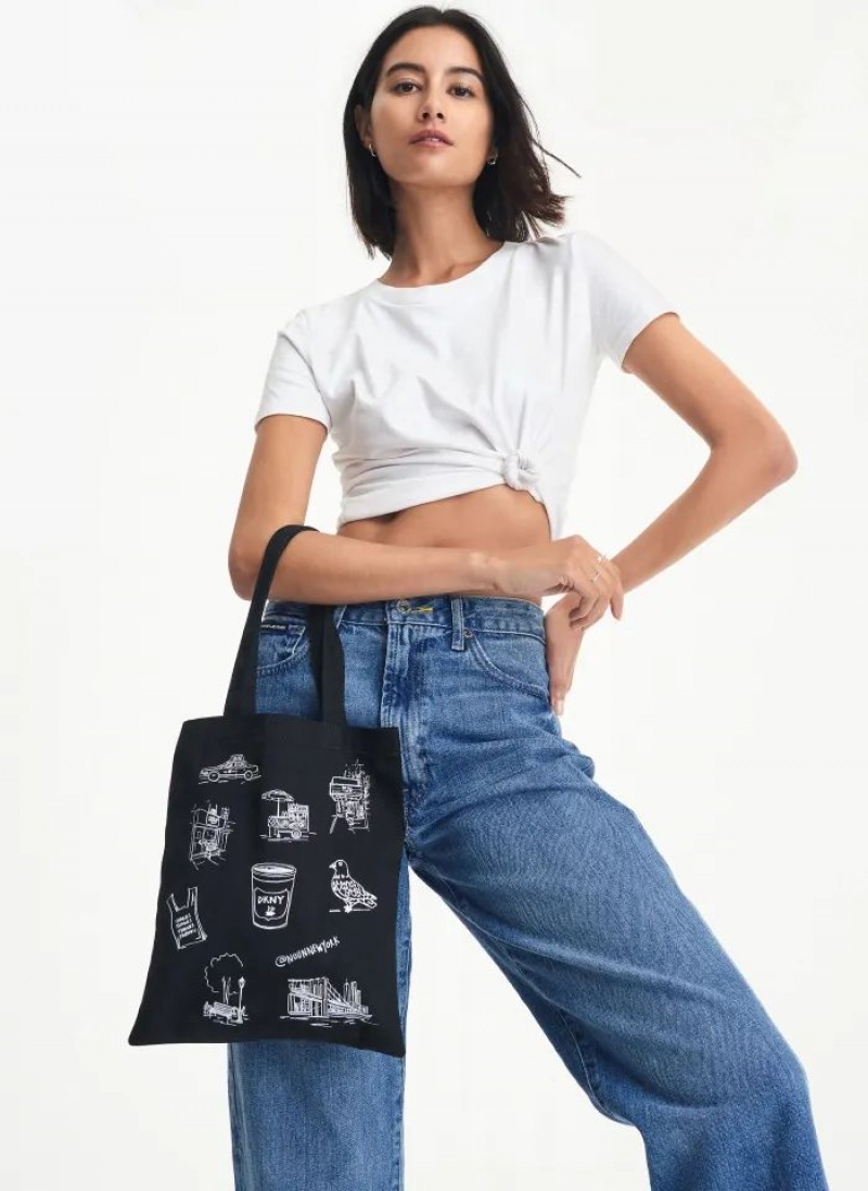 Black DKNY Noun New York Illustrated Bags Tote Bags | USA-D0833