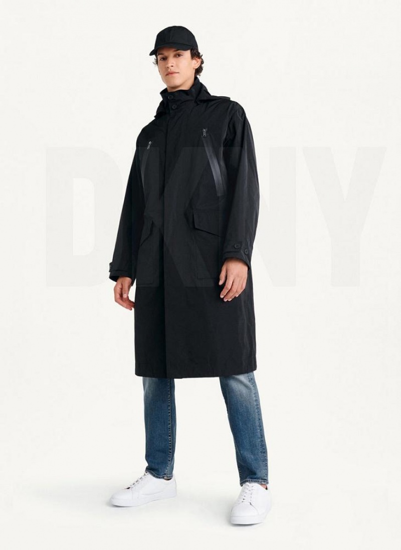 Black DKNY Nylon Hooded Trench Men's Coats | USA-D0266