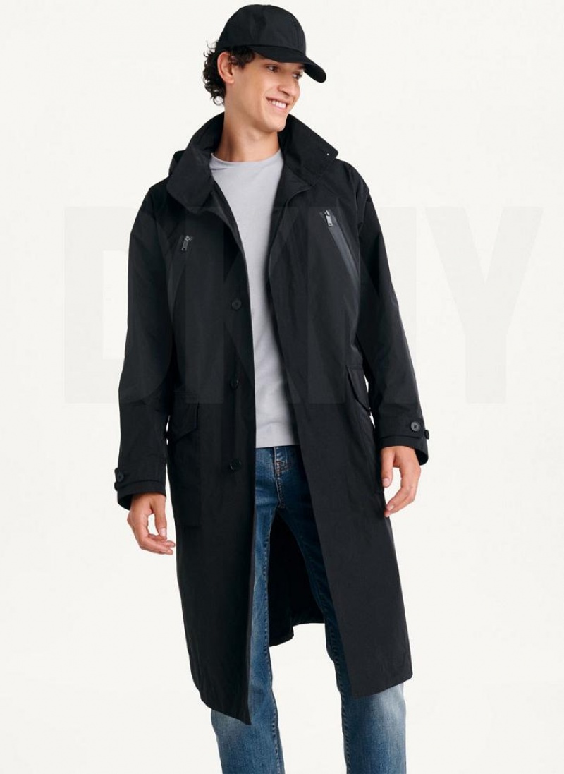 Black DKNY Nylon Hooded Trench Men's Coats | USA-D0266