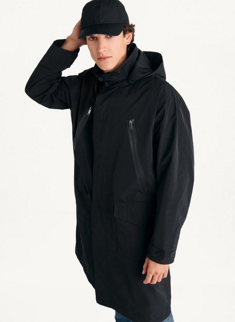 Black DKNY Nylon Hooded Trench Men's Coats | USA-D0266