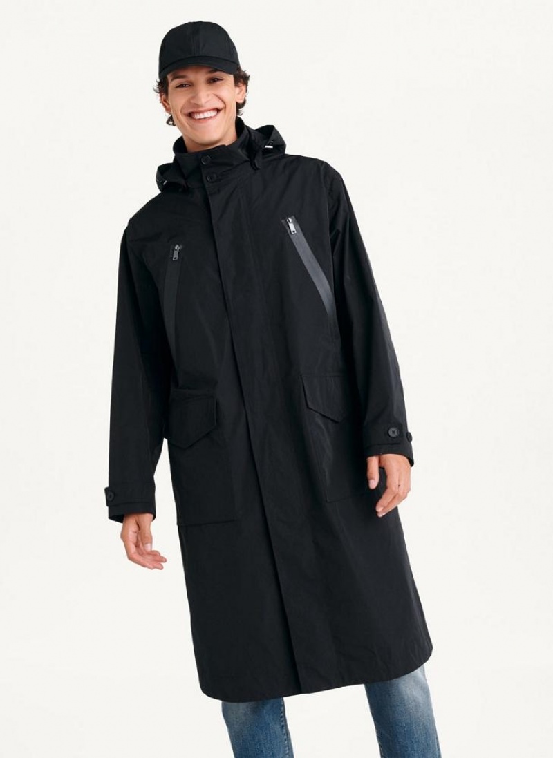Black DKNY Nylon Hooded Trench Men's Coats | USA-D0266