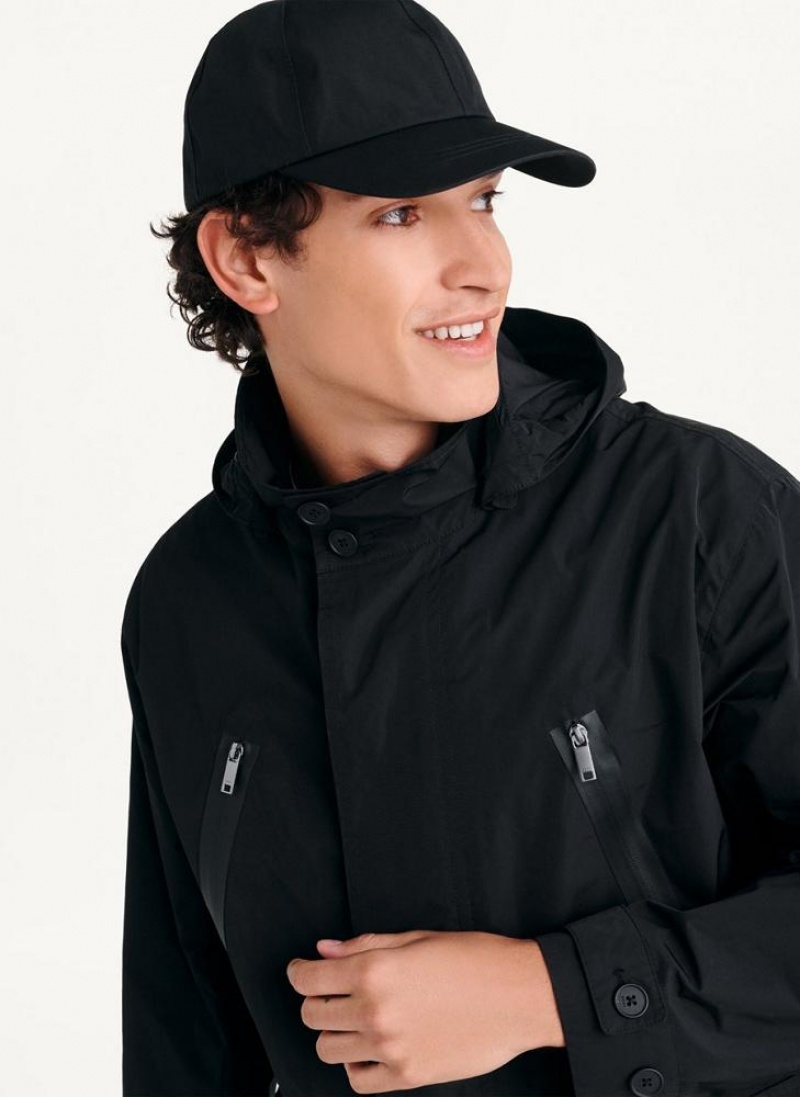 Black DKNY Nylon Hooded Trench Men's Coats | USA-D0266