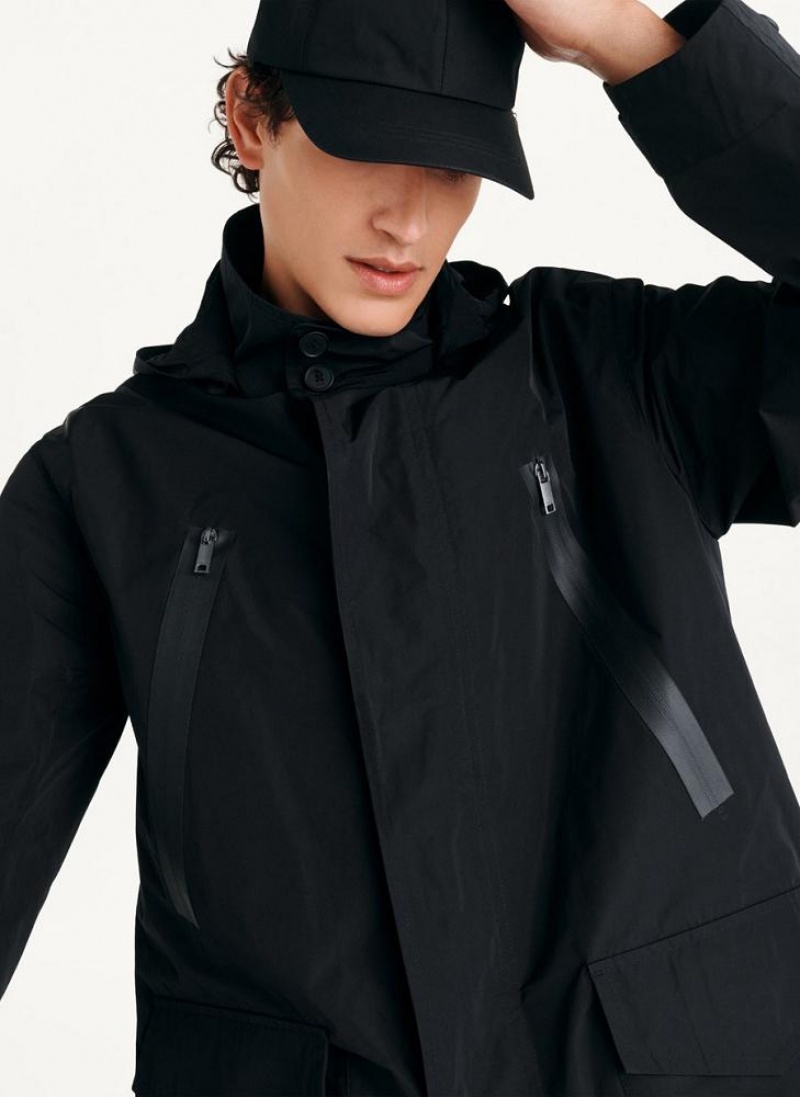 Black DKNY Nylon Hooded Trench Men\'s Coats | USA-D0266