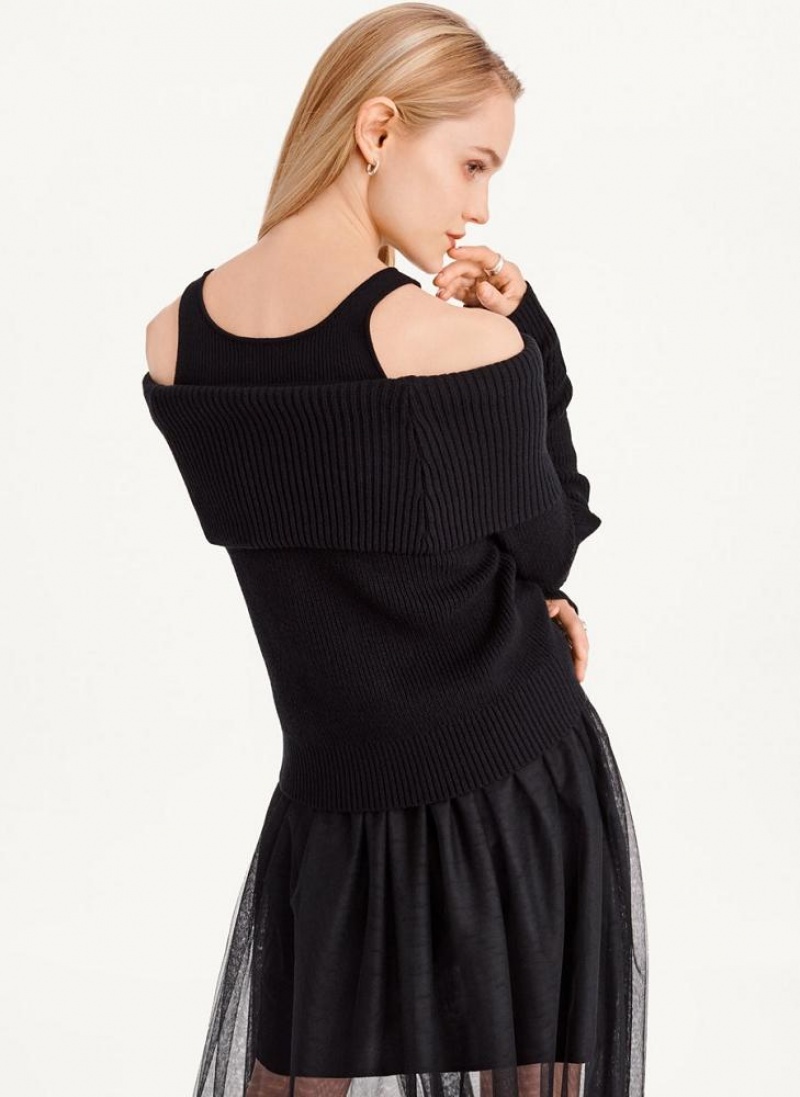 Black DKNY Off Shoulder Tank Women's Sweaters | USA-D1810