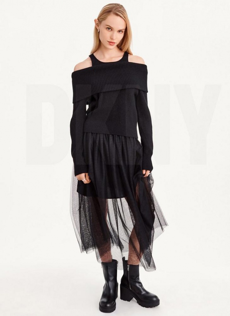 Black DKNY Off Shoulder Tank Women's Sweaters | USA-D1810