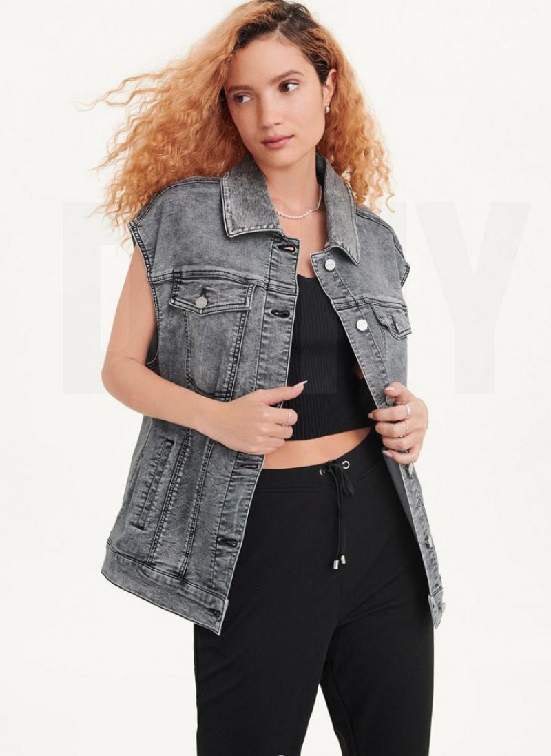 Black DKNY Oversized Denim Vest Women\'s Jackets | USA-D1366