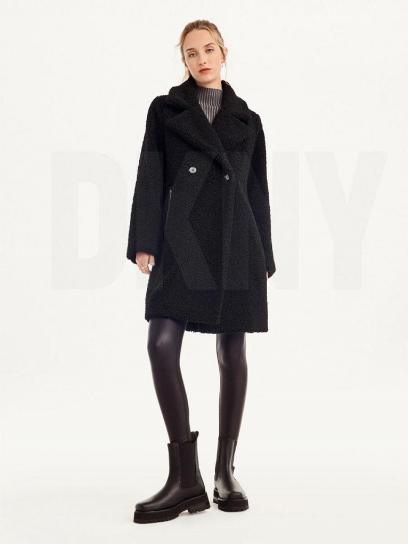 Black DKNY Oversized Long Sherpa Women's Coats | USA-D0255