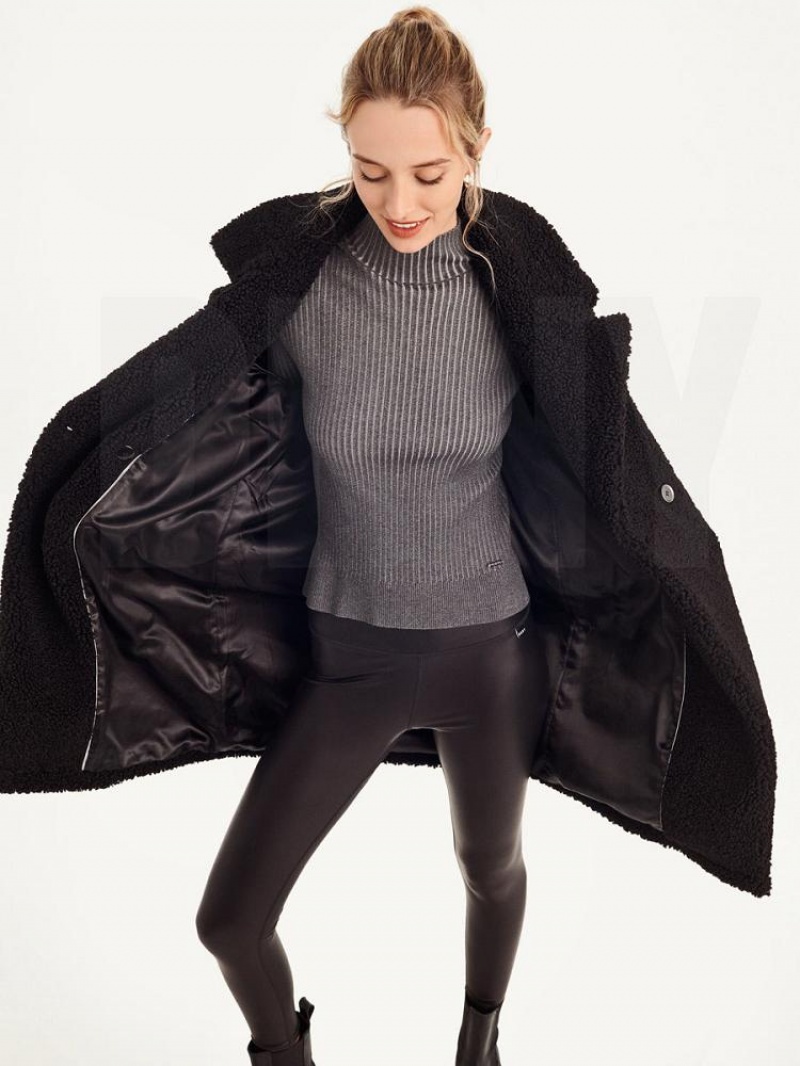 Black DKNY Oversized Long Sherpa Women's Coats | USA-D0255
