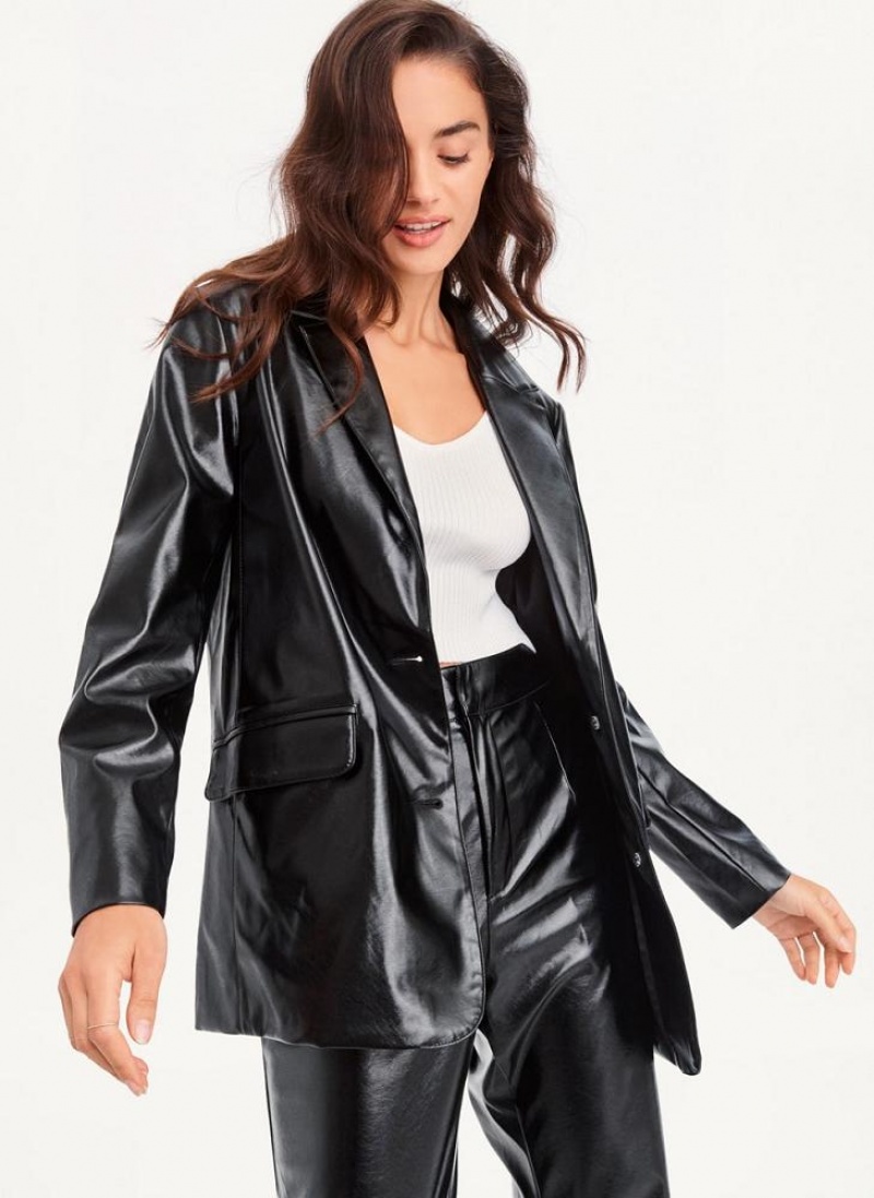 Black DKNY Oversized Patent Leather Women\'s Blazers | USA-D0889