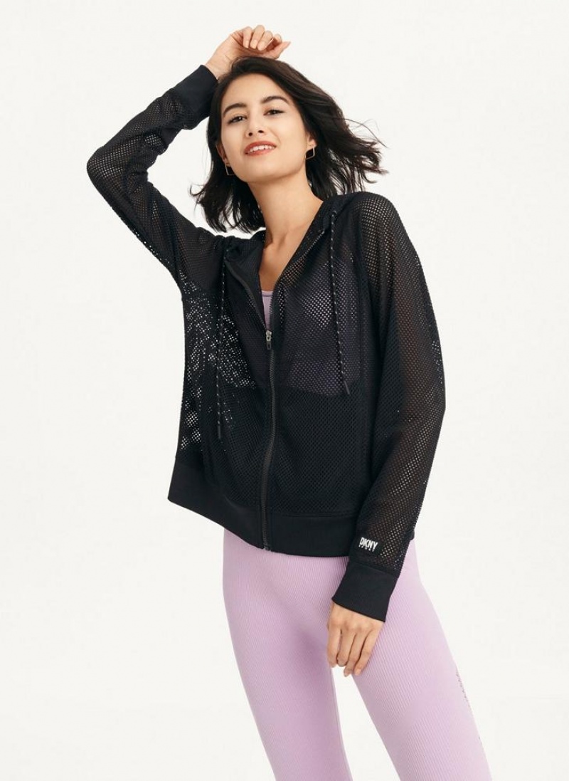 Black DKNY Ozone Mesh Relaxed Full Zip Women's Jackets | USA-D0752