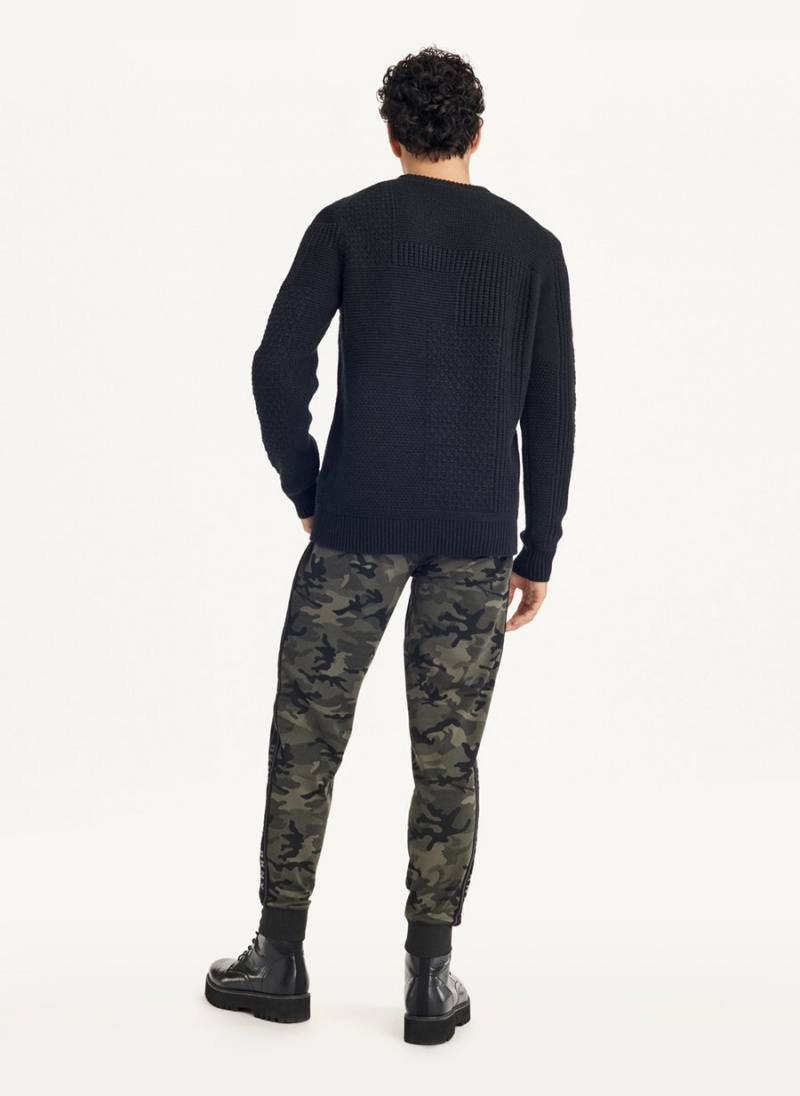 Black DKNY Patchwork Stitch Crewneck Men's Sweaters | USA-D1733