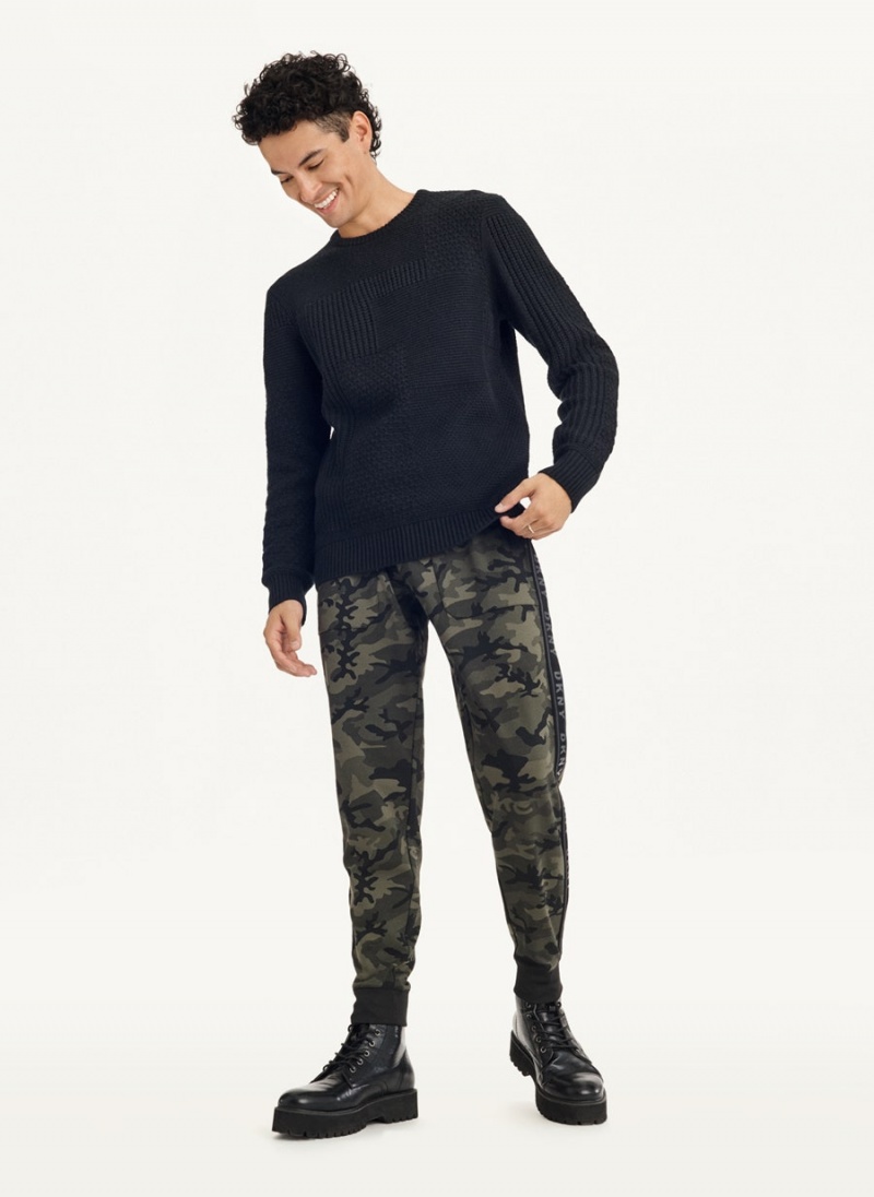 Black DKNY Patchwork Stitch Crewneck Men's Sweaters | USA-D1733