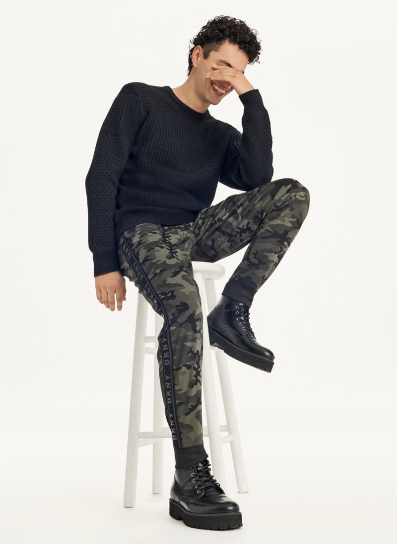 Black DKNY Patchwork Stitch Crewneck Men's Sweaters | USA-D1733