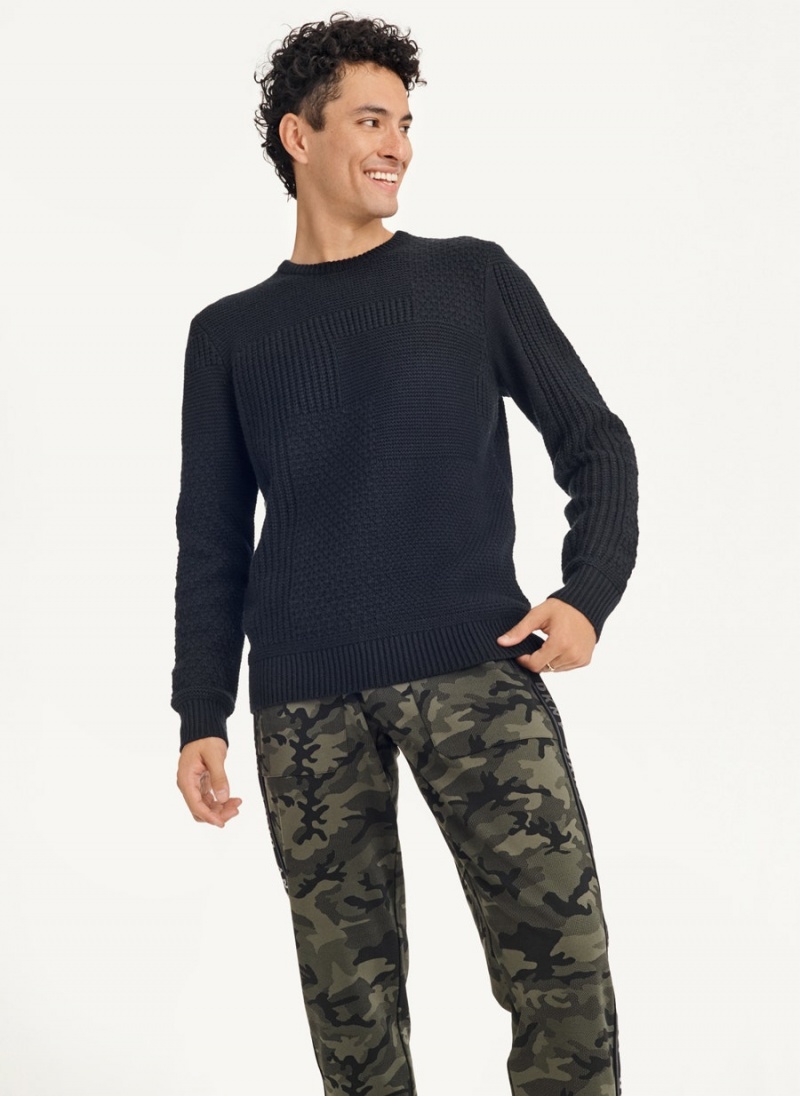 Black DKNY Patchwork Stitch Crewneck Men's Sweaters | USA-D1733
