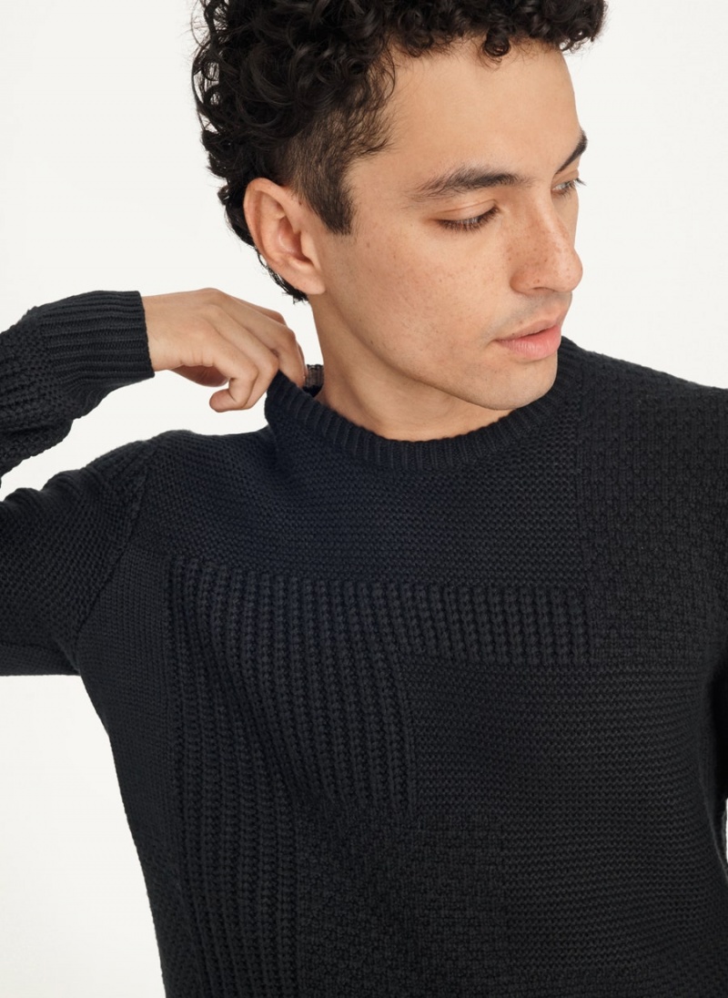 Black DKNY Patchwork Stitch Crewneck Men's Sweaters | USA-D1733