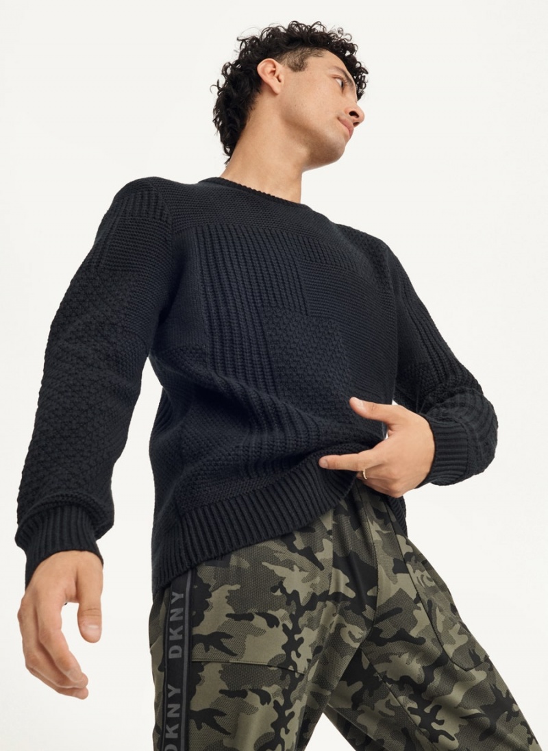 Black DKNY Patchwork Stitch Crewneck Men\'s Sweaters | USA-D1733