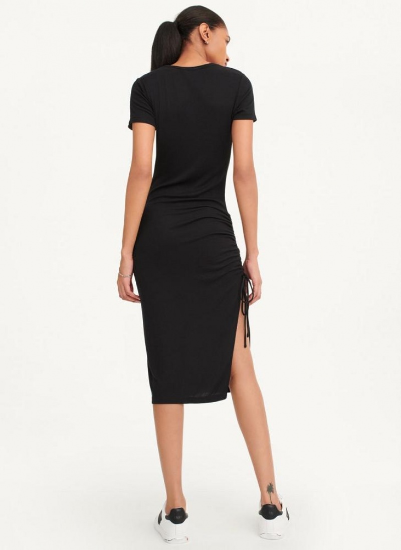 Black DKNY Platinum Rib Ruched Women's Dresses | USA-D1099