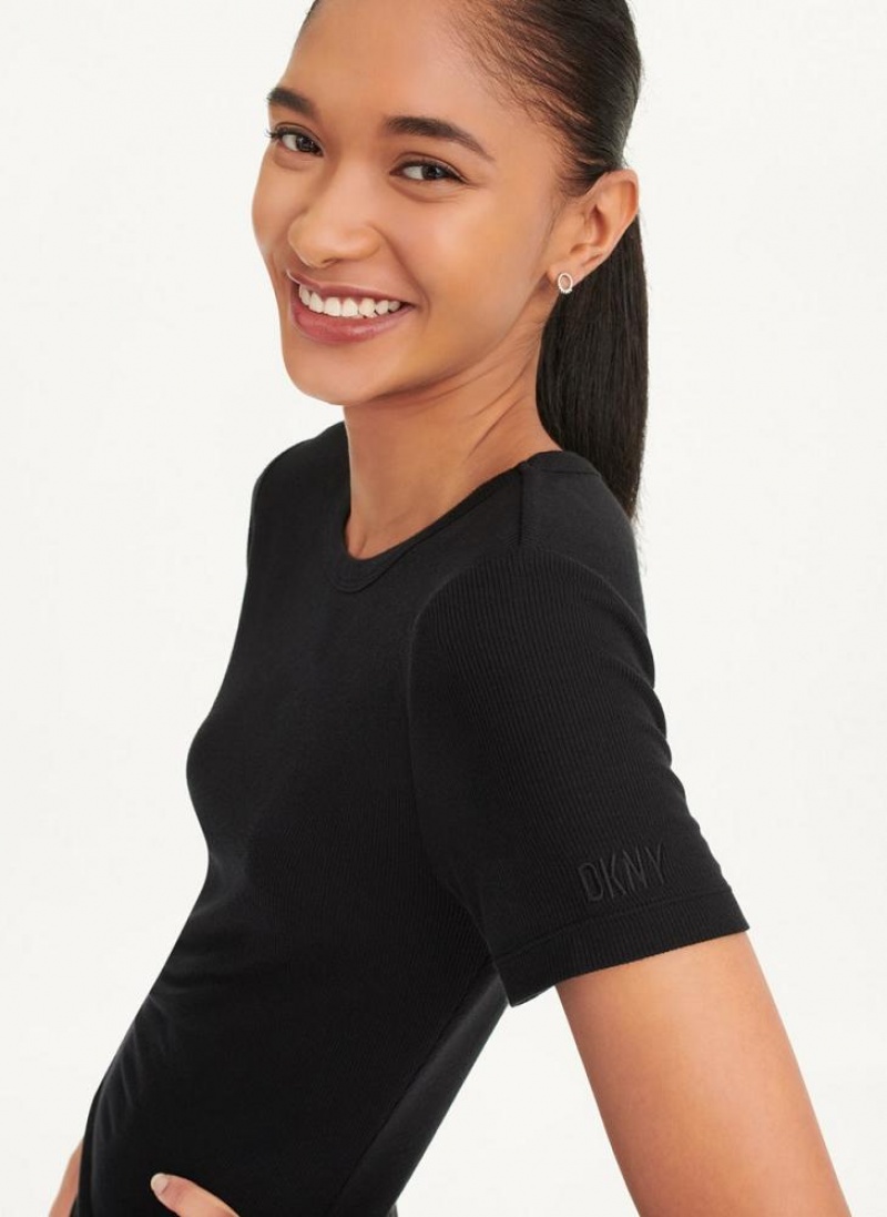 Black DKNY Platinum Rib Ruched Women's Dresses | USA-D1099