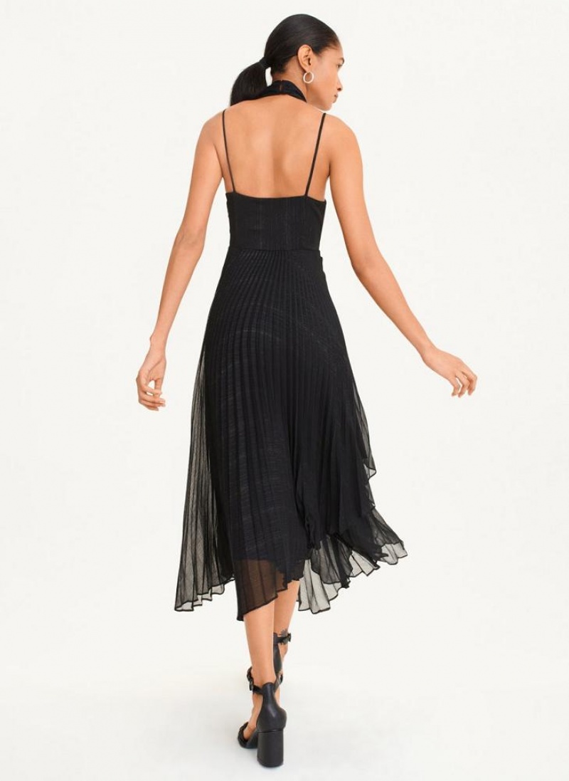 Black DKNY Pleated Halter With Lurex Women's Dresses | USA-D0295
