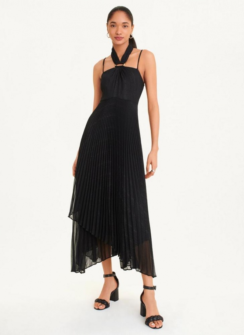 Black DKNY Pleated Halter With Lurex Women's Dresses | USA-D0295
