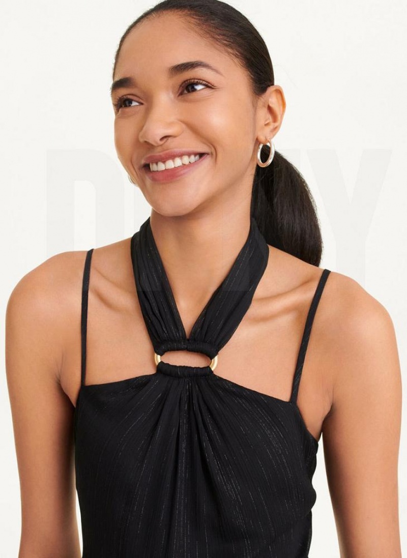 Black DKNY Pleated Halter With Lurex Women's Dresses | USA-D0295