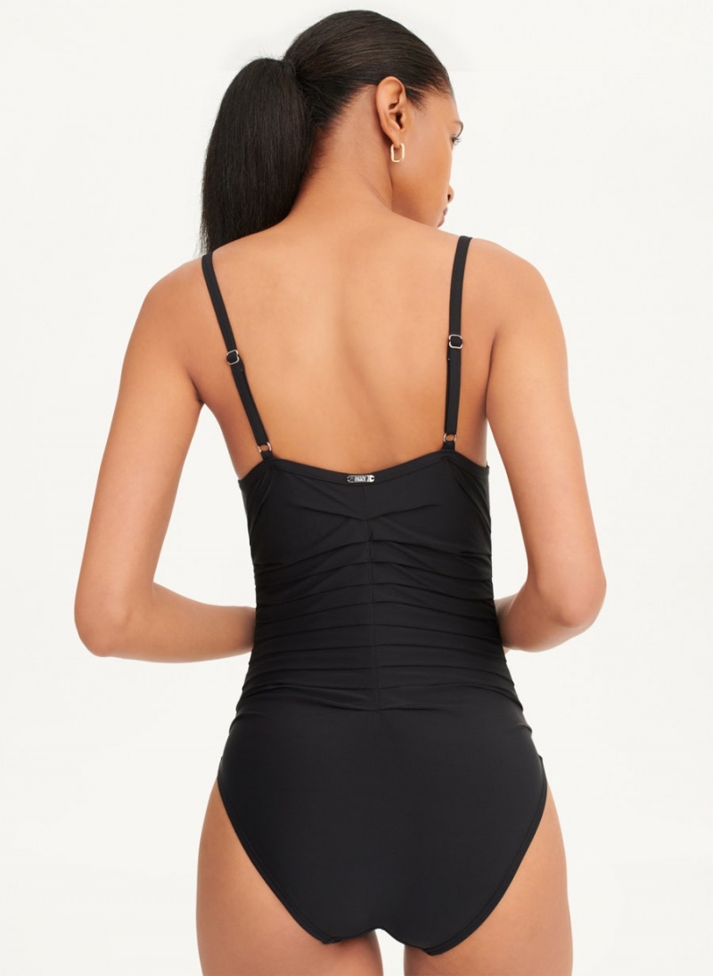 Black DKNY Pleated One Piece Women's Swimsuits | USA-D0494