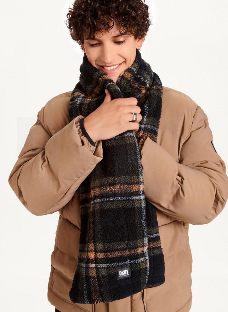 Black DKNY Plush Multi Plaid Men\'s Scarf | USA-D0970