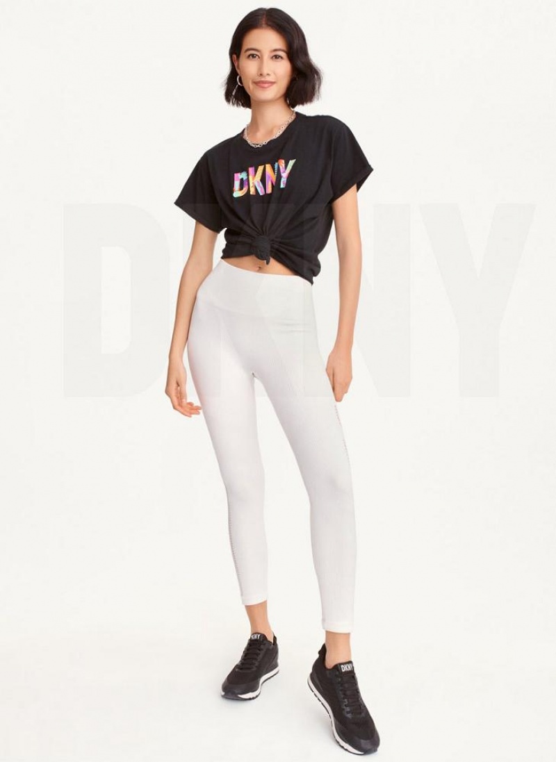 Black DKNY Pride Logo Knot Front Women's T Shirts | USA-D0372