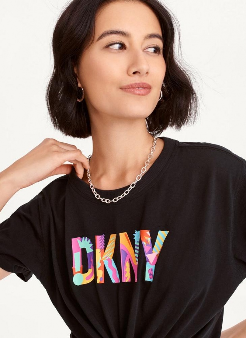 Black DKNY Pride Logo Knot Front Women's T Shirts | USA-D0372