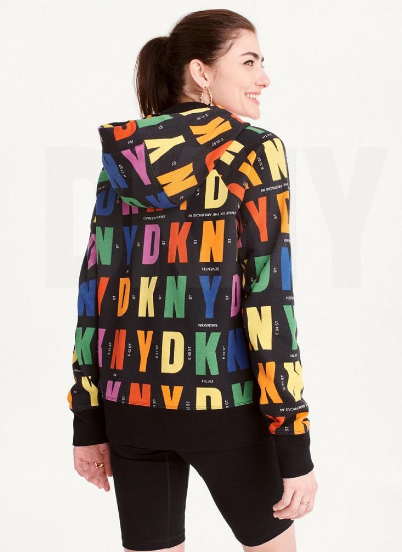 Black DKNY Pride Logo Zip Front Women's Hoodies | USA-D1019