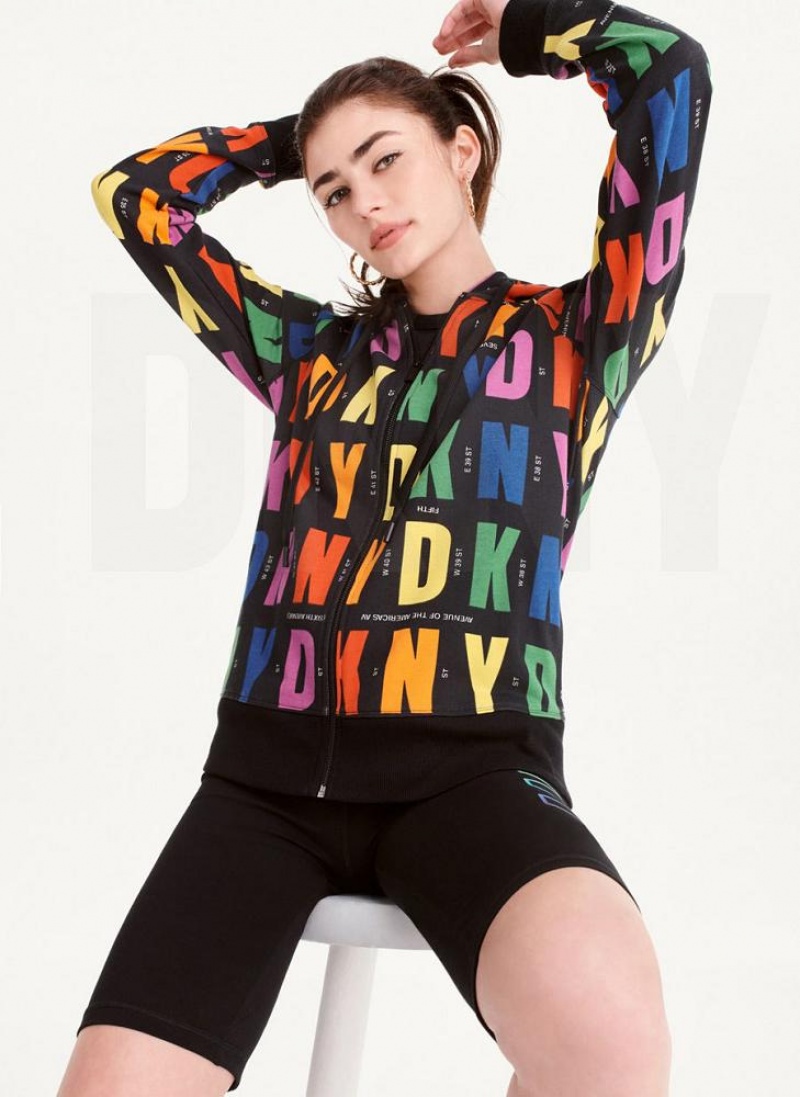 Black DKNY Pride Logo Zip Front Women's Hoodies | USA-D1019