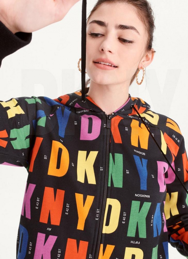 Black DKNY Pride Logo Zip Front Women's Hoodies | USA-D1019