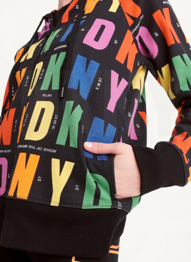 Black DKNY Pride Logo Zip Front Women's Hoodies | USA-D1019