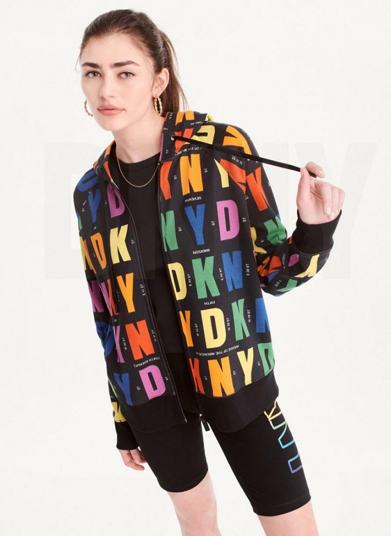Black DKNY Pride Logo Zip Front Women\'s Hoodies | USA-D1019