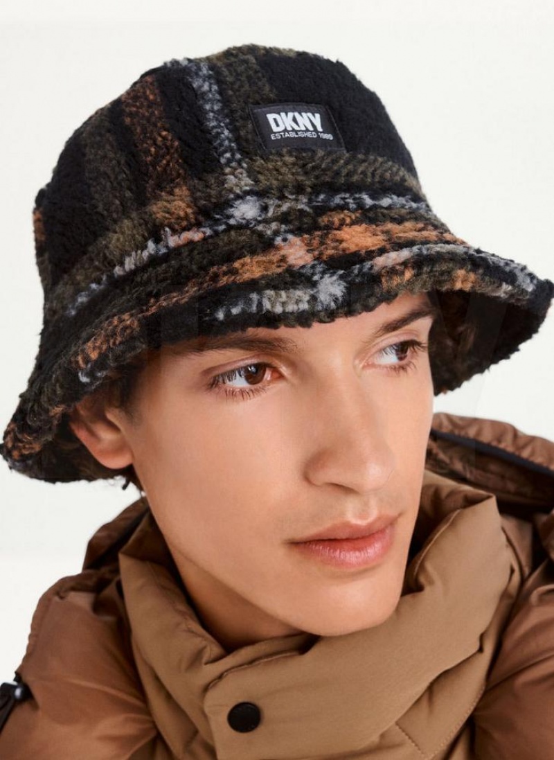 Black DKNY Printed Sherpa Bucket Men\'s Hats | USA-D0578