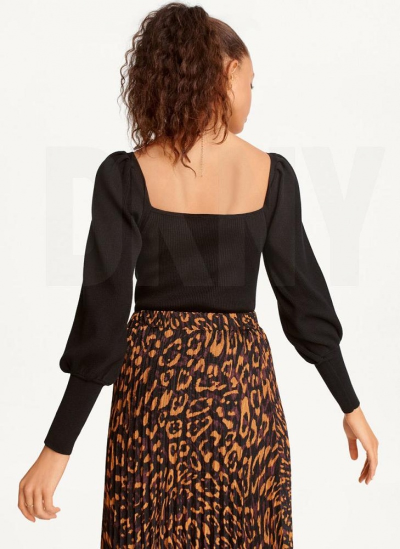 Black DKNY Puff-Sleeve Sweatheart Women's Sweaters | USA-D0727