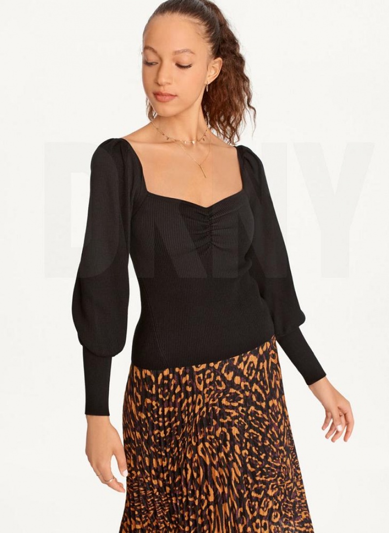 Black DKNY Puff-Sleeve Sweatheart Women\'s Sweaters | USA-D0727