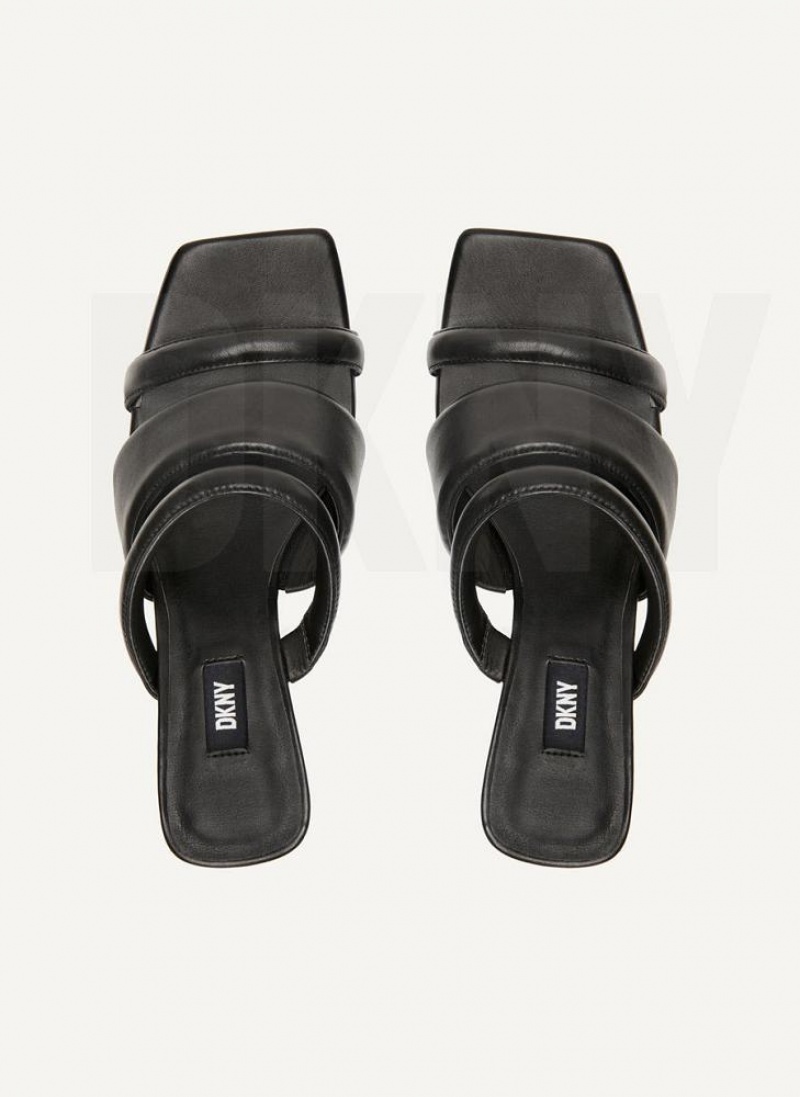 Black DKNY Puffy Multi Strap Mule Shoes Heels | USA-D1627