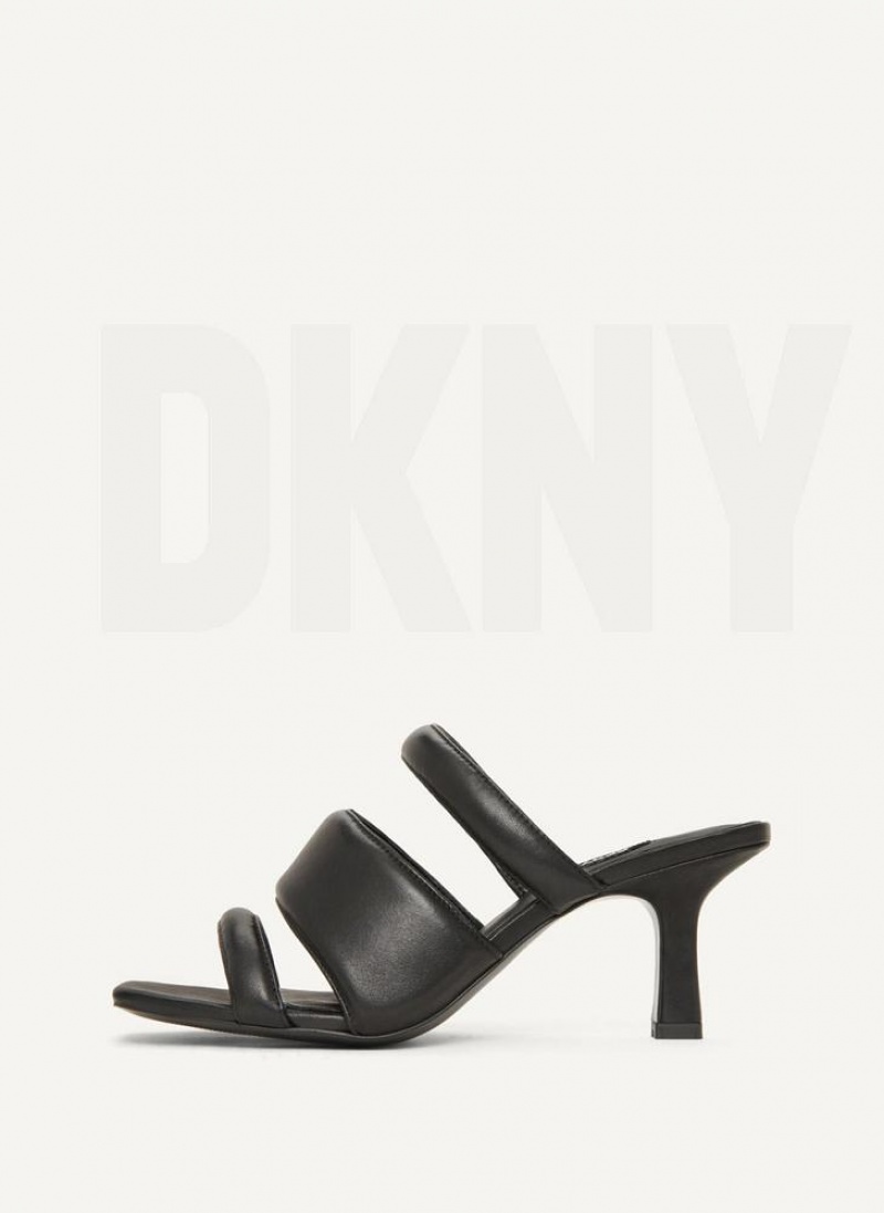 Black DKNY Puffy Multi Strap Mule Shoes Heels | USA-D1627