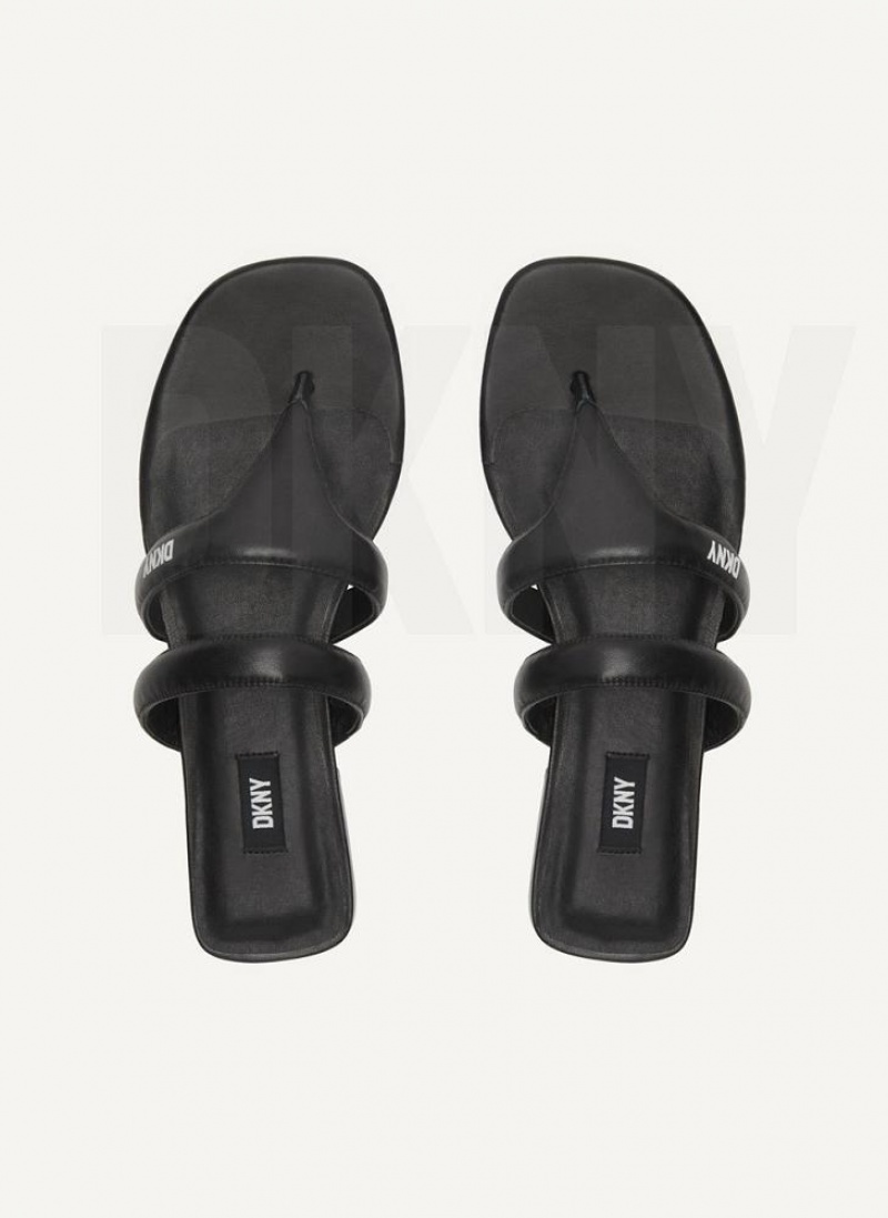 Black DKNY Puffy Strap Thong Shoes Flip Flops | USA-D0959