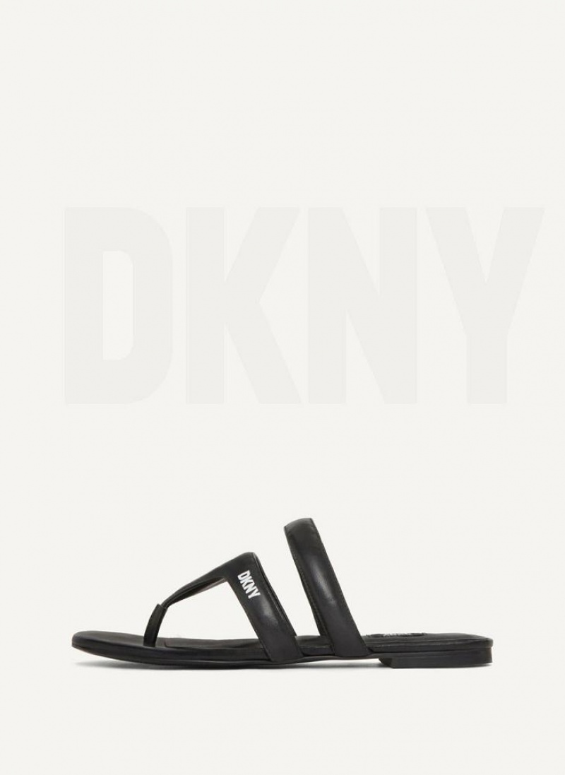 Black DKNY Puffy Strap Thong Shoes Flip Flops | USA-D0959