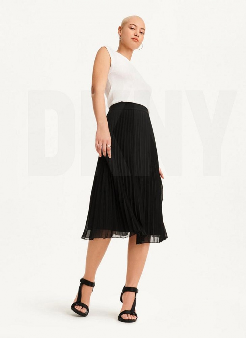 Black DKNY Pull On Pleated Midi Women's Skirts | USA-D1239