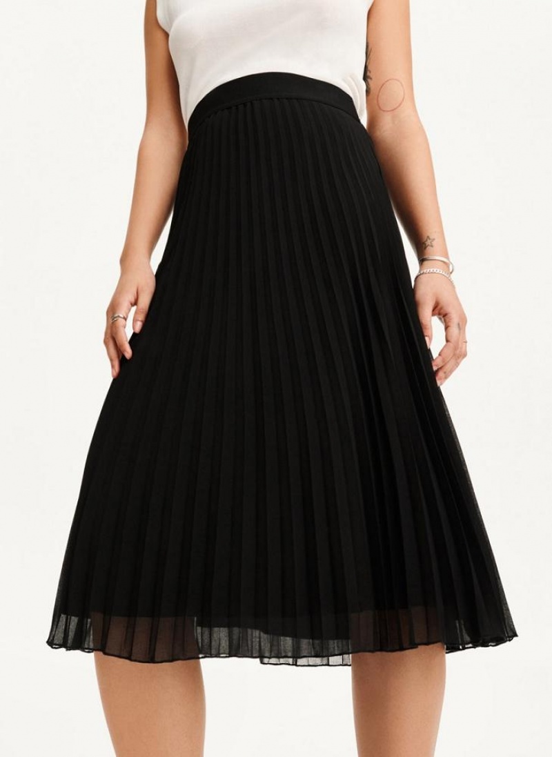 Black DKNY Pull On Pleated Midi Women's Skirts | USA-D1239